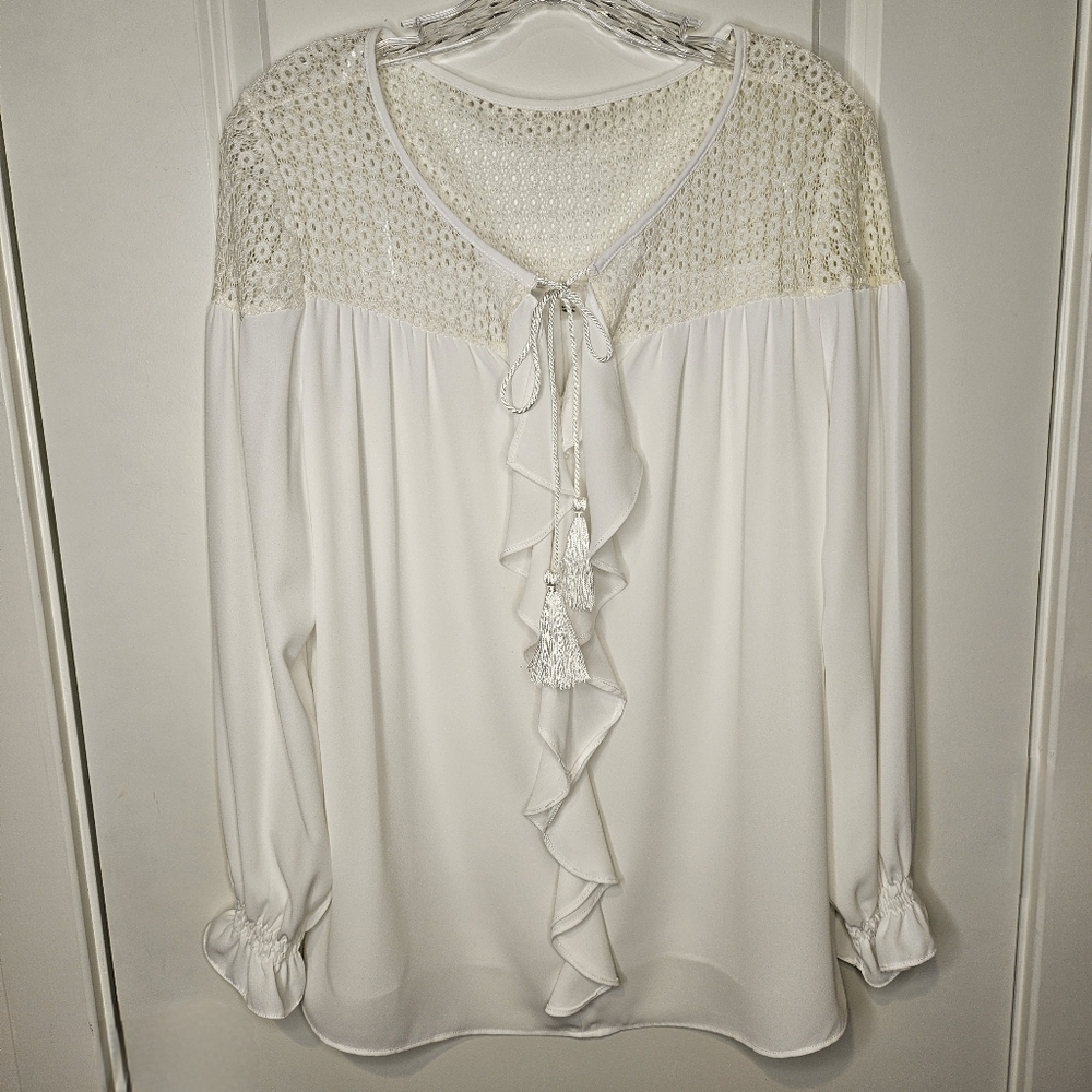 Boho Ivory Lace Yoke Peasant Blouse Tassel Tie Long Sleeve Size L Romantic Flowy - Picture 3 of 11